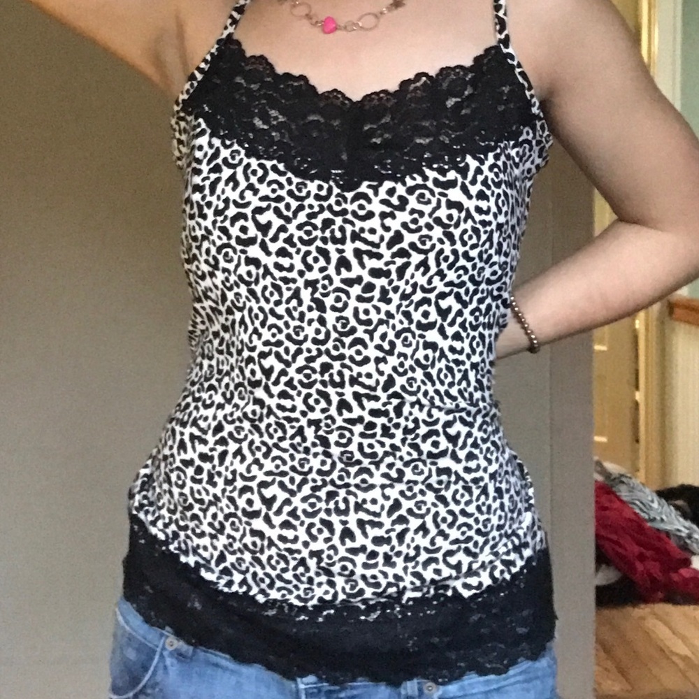 Cute black and white cheetah print tank top with pretty black lace lining